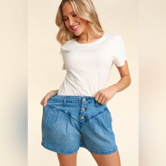 Haptics High Rise Button Fly Washed Denim Shorts - Picture 3 of 5